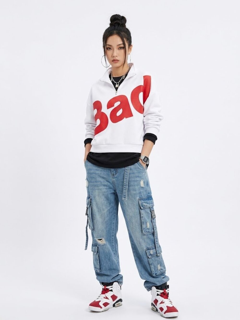 Fashion  Nova | White "Bad Ass" half zip